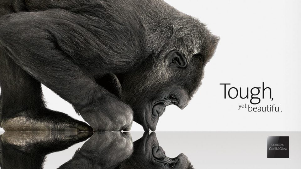 Goryl dotykający gładkiej powierzchni, na białym tle, z napisem "Tough, yet beautiful." i logo Corning Gorilla Glass.