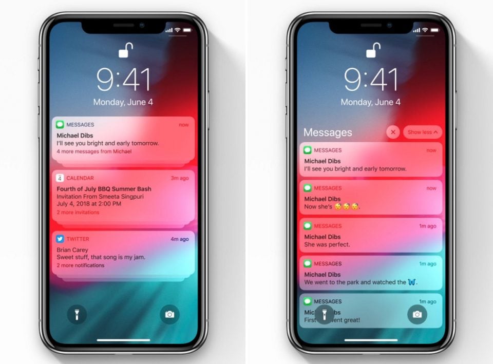 Dwa smartfony wyświetlające ekran powiadomień z różnymi wiadomościami i powiadomieniami z aplikacji.