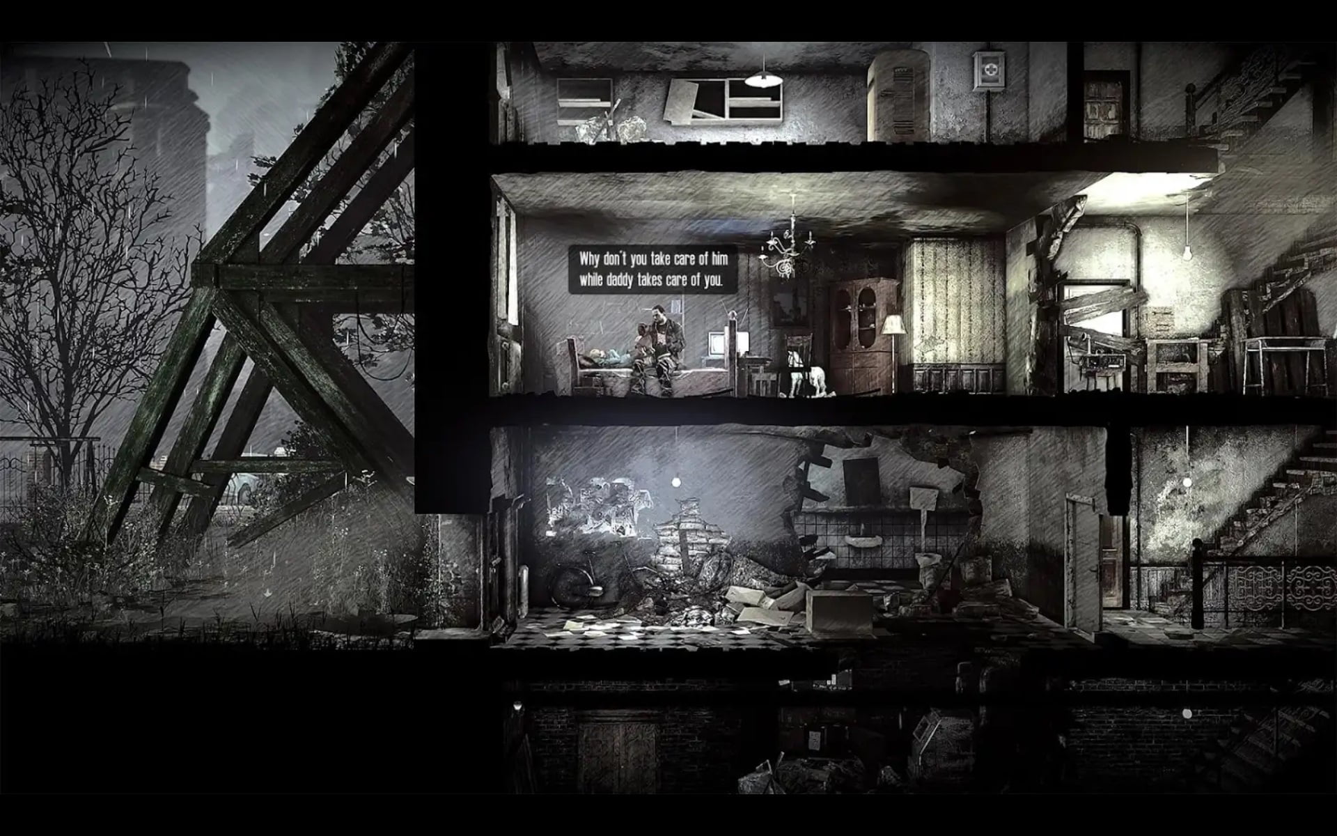 Przekrój przez zrujnowany budynek pokazujący trzy piętra; postacie w środkowym piętrze z dialogiem w komiksowym stylu w tle; atmosfera ponura i postapokaliptyczna.