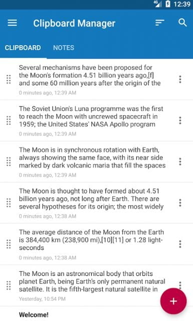 Zrzut ekranu aplikacji Clipboard Manager z otwartą kartą notatek zawierającą tekst dotyczący Księżyca, w tym informacje o jego powstaniu, programach kosmicznych i charakterystyce obrotu synchronicznego względem Ziemi.