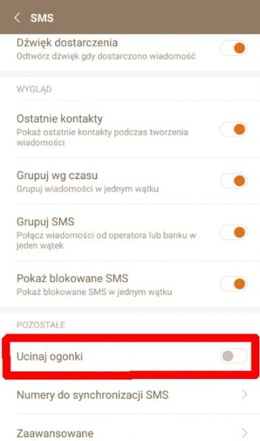 brak polskich znaków sms