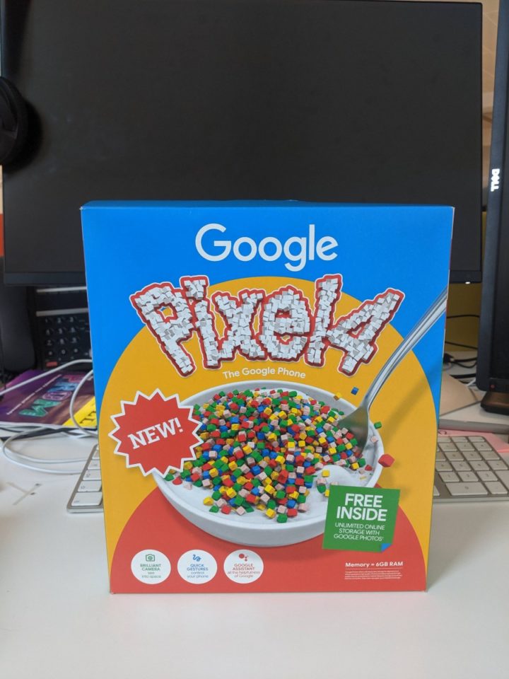 Pixel 4 w pudełku po płatkach śniadaniowych