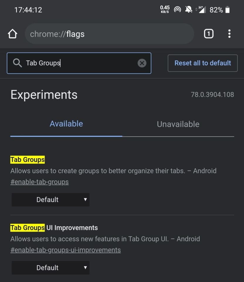 Chrome na Android grupowanie kart