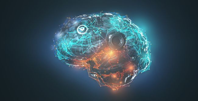 Interfejs mózg-komputer może pozwolić na czytanie w myślach. Cyfrowa reprezentacja ludzkiego mózgu z linii i połączeń w kolorach niebieskim i pomarańczowym, symulująca funkcje neuronalne na ciemnoniebieskim tle.