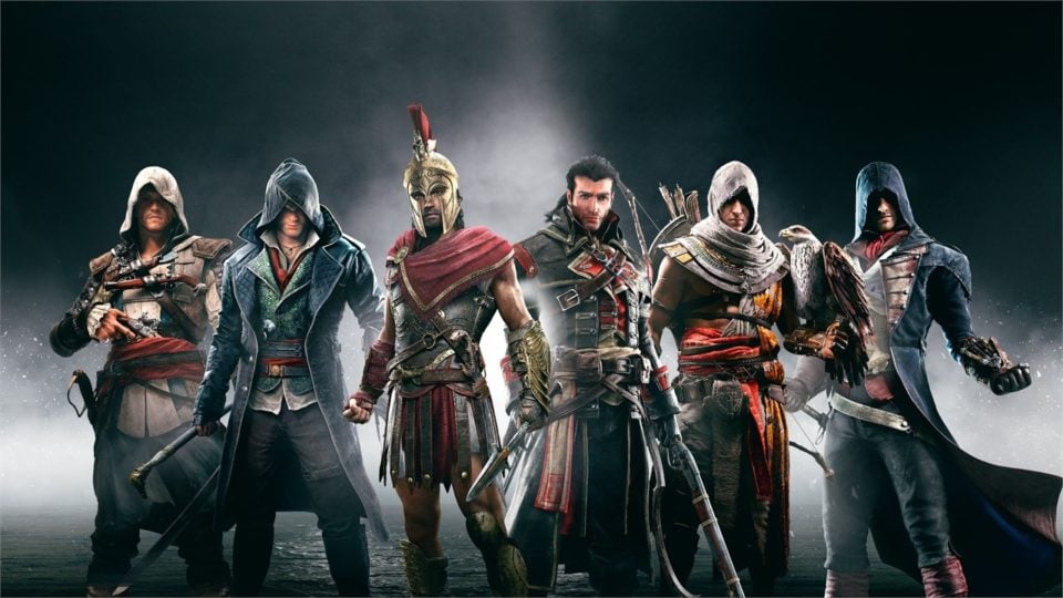 Assassin's Creed Red. Sześć postaci ubranych w stroje przypominające ubiór asasynów z różnych epok stoi ramię w ramię na ciemnym tle.