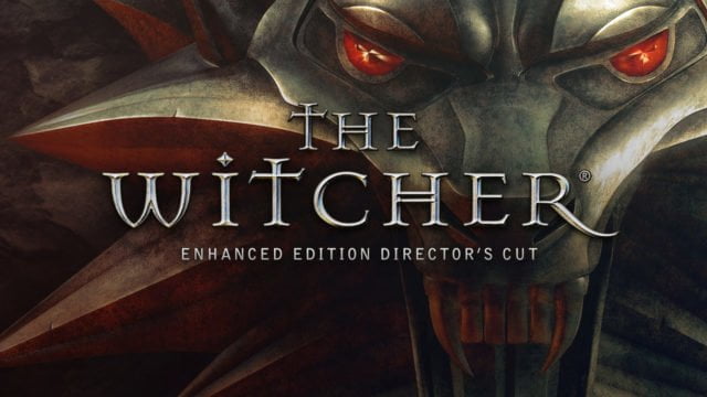 Okładka gry "The Witcher Enhanced Edition Director's Cut" z głową wilka o czerwonych oczach i napisem w srebrno-białej czcionce na przydymionym, brązowym tle.