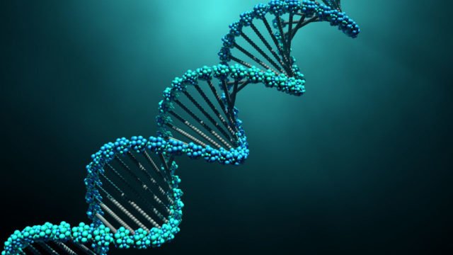 Badania genetyczne. Model struktury podwójnej helisy DNA z niebieskimi i szarymi elementami na ciemnozielonym tle.