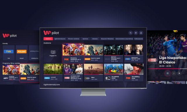 Interfejs użytkownika aplikacji WP Pilot na ekranie telewizora z widokiem menu głównego i różnymi kanałami TV oraz grafikami programów, takimi jak filmy i seriale.