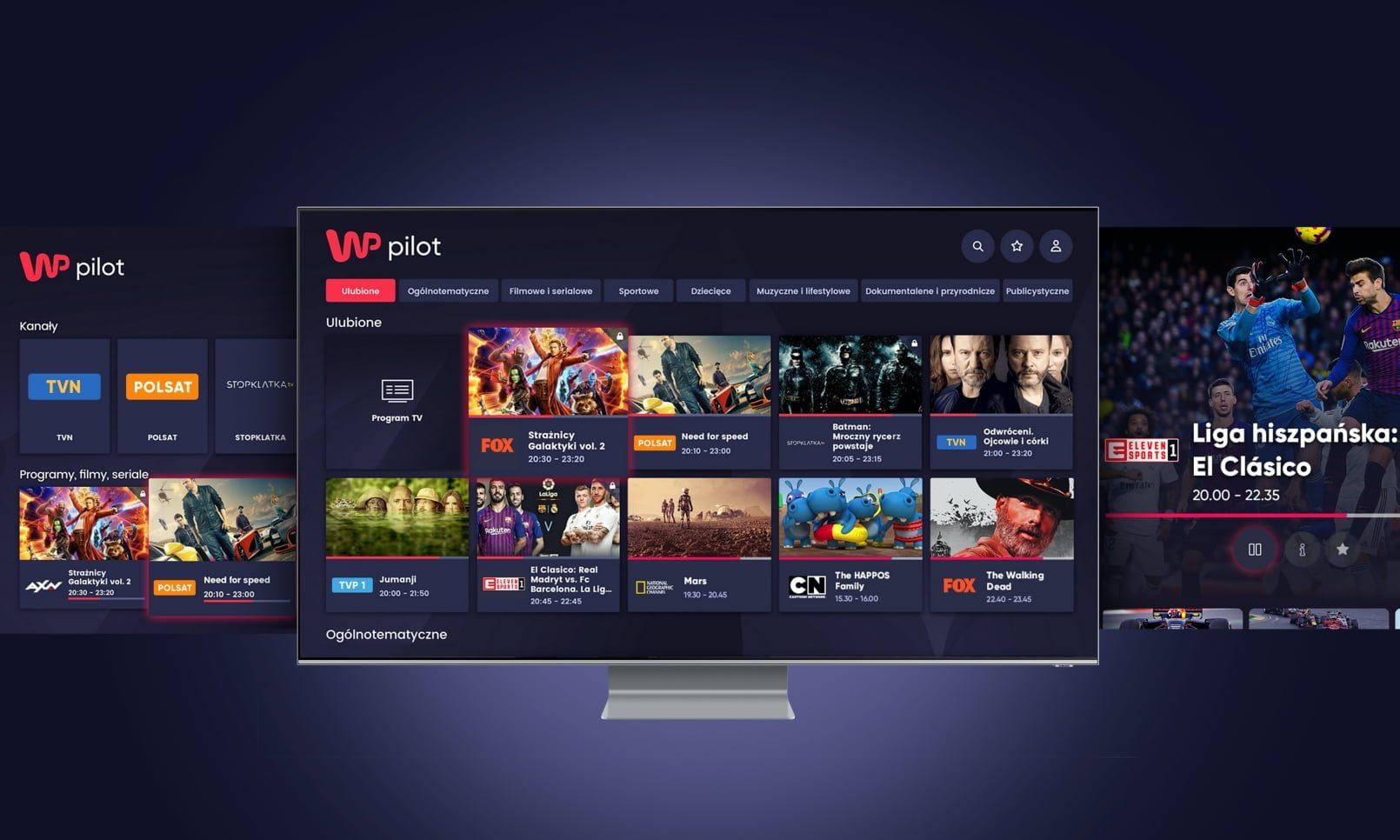 Interfejs użytkownika aplikacji WP Pilot na ekranie telewizora z widokiem menu głównego i różnymi kanałami TV oraz grafikami programów, takimi jak filmy i seriale.