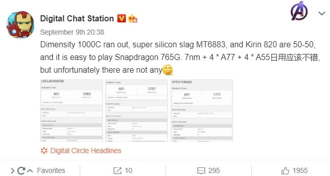 Dimensity 1000C vs Snapdragon 765G