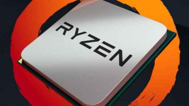 Procesor AMD Ryzen na tle pomarańczowego okręgu.