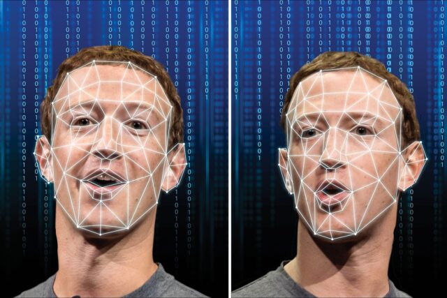 Dwa obrazy przedstawiające mężczyznę z nałożonymi białymi liniami układającymi się w strukturę rozpoznawania twarzy 3D, na tle cyfrowego kodu binarnego. Cyfrowe wskrzeszanie zmarłych czyli deepfake. Dolina Krzemowa będzie walczyć z technologią deepfake
