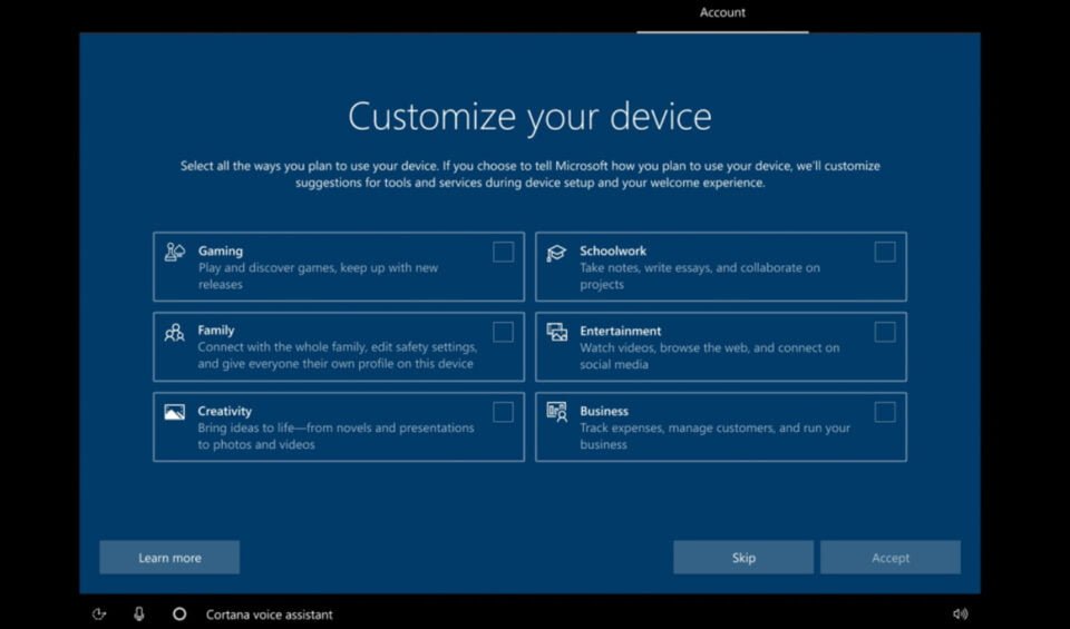 Ekran konfiguracji w Windows 10