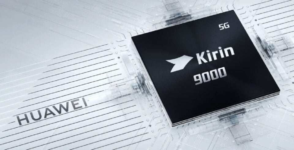 Procesor Kirin 9000 z oznaczeniem 5G na tle graficznego przedstawienia układów scalonych i logo firmy Huawei.