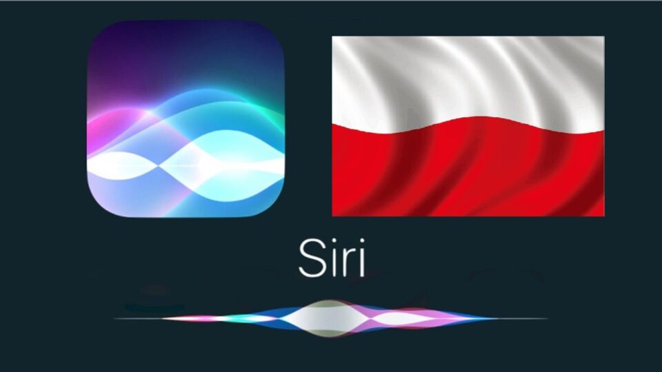 Logo asystenta głosowego Siri marki Apple i polska flaga na ciemnym tle. Na dole obrazka napis Siri.