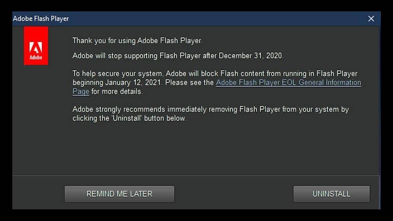 Adobe Flash Player prosi użytkowników Windowsa 10 o deinstalację