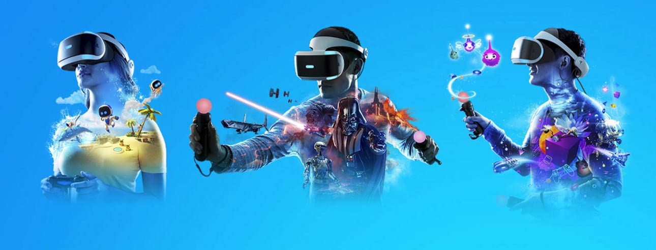 Grafika prezentująca trzy osoby z goglami VR, każda zanurzona w różnych wirtualnych światach wyłaniających się z ich sylwetek na niebieskim tle.