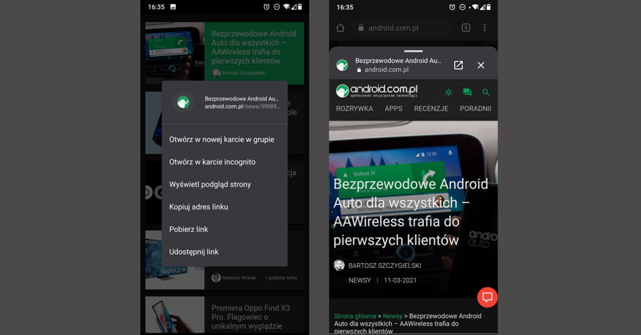 Chrome Android podgląd strony
