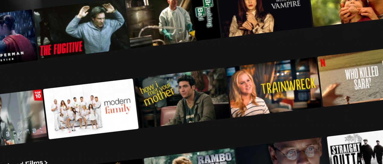 Interfejs użytkownika strony streamingowej z miniaturami filmów i seriali, takimi jak "The Fugitive", "Breaking Bad", "Modern Family", "How I Met Your Mother", "Trainwreck" i "Who Killed Sara?". Zdjęcie do artykułu pt. kody Netflix