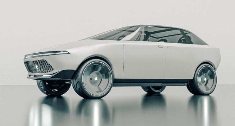 Apple Car wizualizacja. Biały, futurystyczny samochód konceptowy z aerodynamicznym kształtem, umieszczony na gładkiej, odbijającej powierzchni.