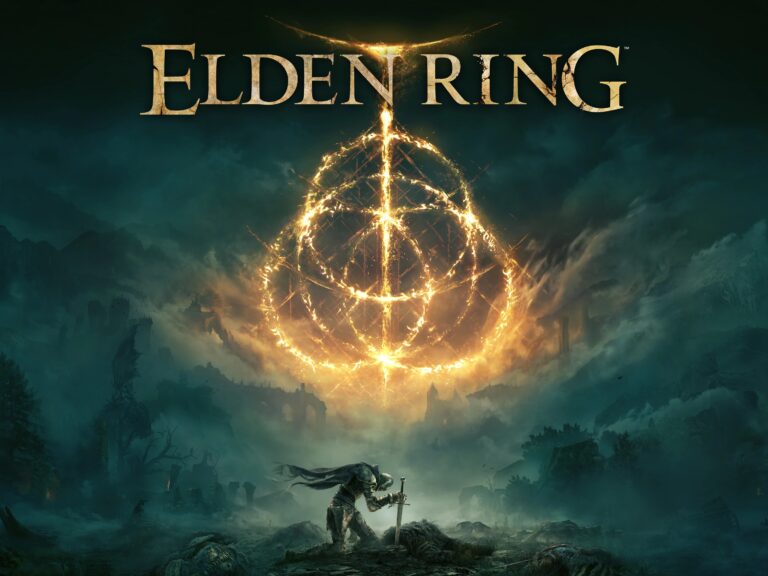 Grafika okładki gry "Elden Ring" przedstawiająca postać wojownika patrzącego na ogromny, świecący złotym światłem symbol pierścienia nad mrocznym, fantastycznym krajobrazem.