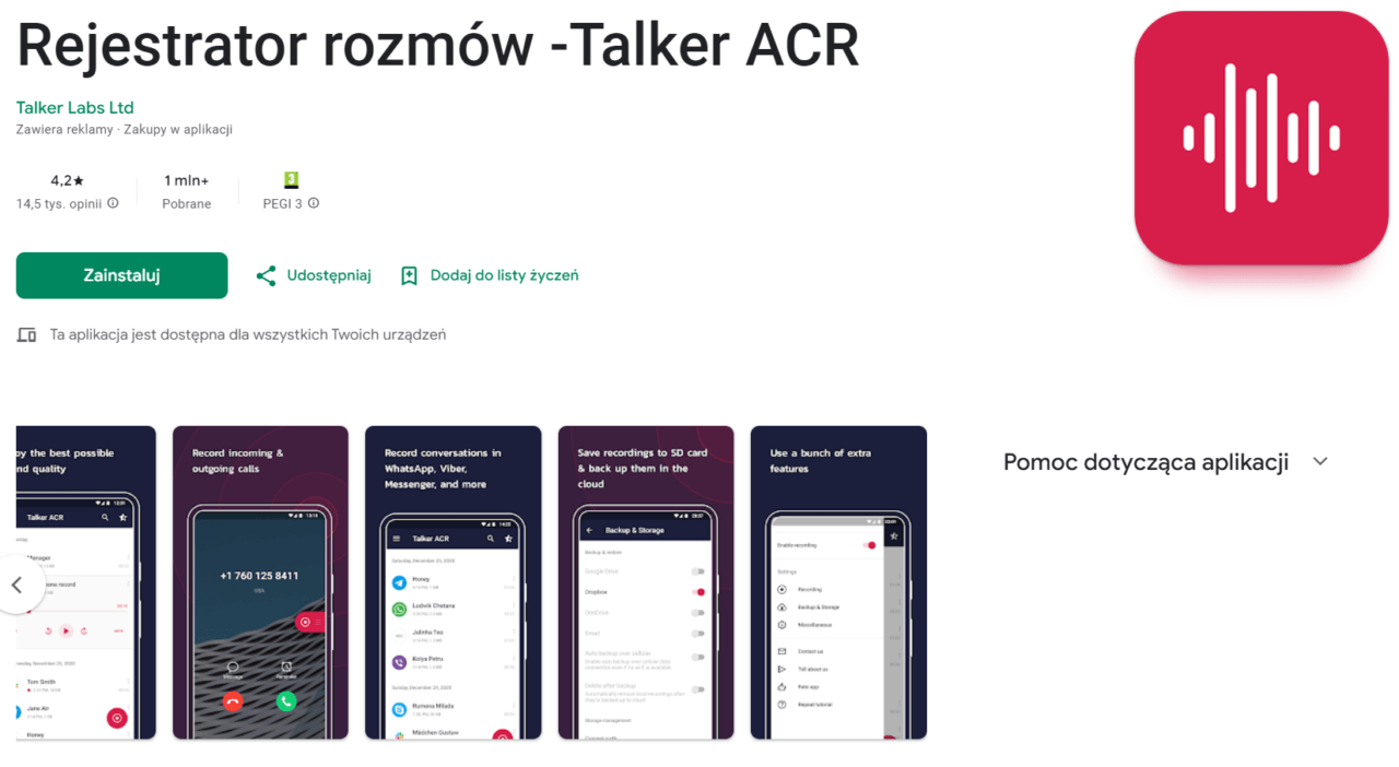 Strona prezentująca aplikację "Rejestrator rozmów - Talker ACR" w sklepie aplikacji, z oceną 4,2 gwiazdki i ponad milionem pobrań, ikoną aplikacji oraz zrzutami ekranu funkcji, takich jak nagrywanie rozmów przychodzących i wychodzących, zapisywanie nagrań na karcie SD i przechowywanie w chmurze, a także dodatkowych funkcji aplikacji.
