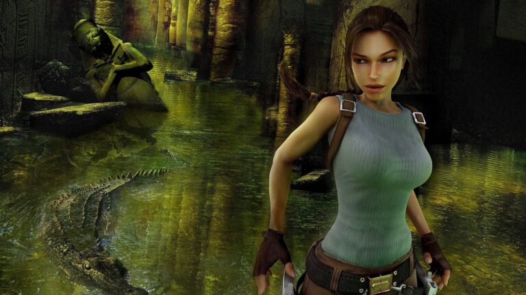 Kobieta z bronią w ręku stojąca w ruinach świątyni z wodą i krokodylem na pierwszym planie.