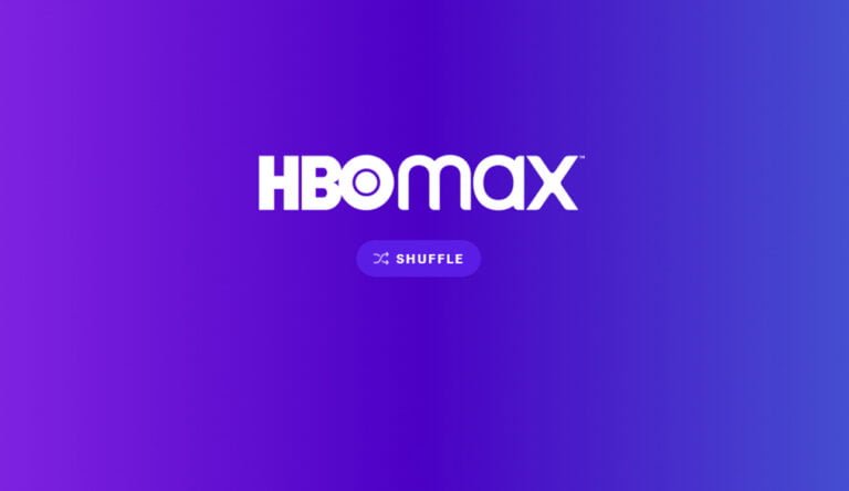 Logo HBO Max na gradientowym tle odcieni fioletu z przyciskiem "Shuffle" umieszczonym na dole.