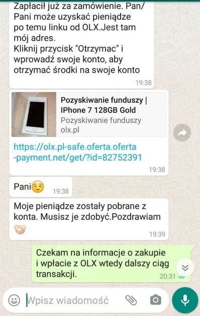 oszustwo na olx whatsapp
