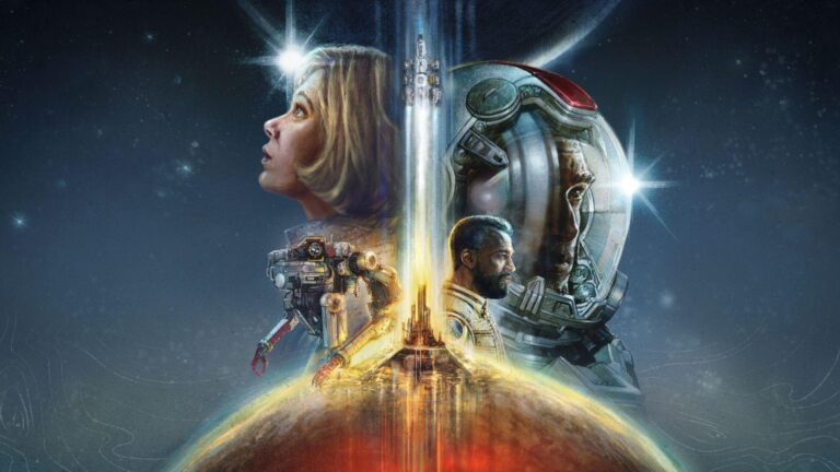 Ilustracja science fiction przedstawiająca profilowe twarze astronautów w hełmach i kobietę patrzącą w niebo, z rakieta startującą w tle i gwiazdami.
