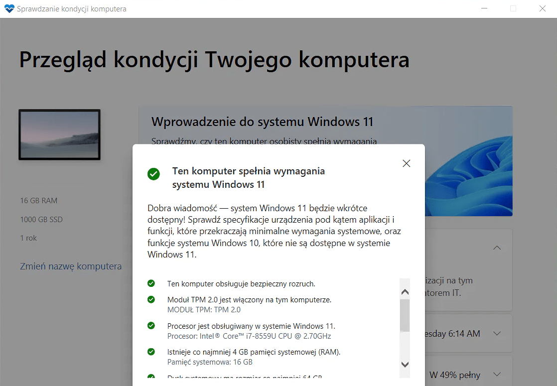 Sprawdzanie kondycji komputera PC Health Check Windows 11