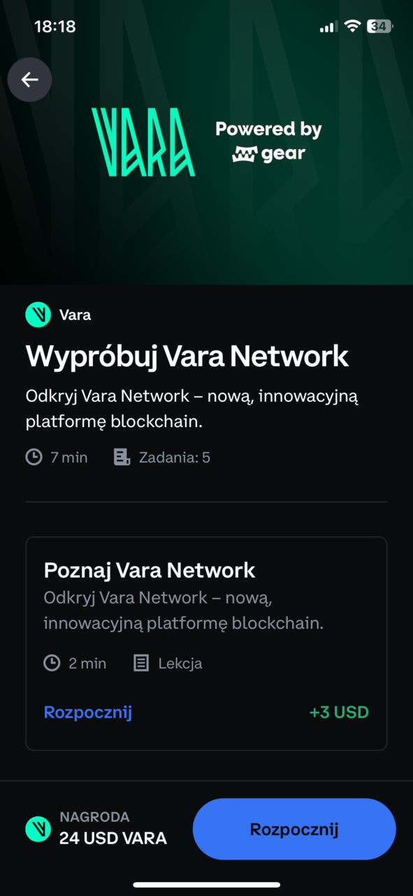 Zrzut ekranu interfejsu aplikacji mobilnej promującej Vara Network, z informacjami o zadaniach i nagrodach w kryptowalucie.