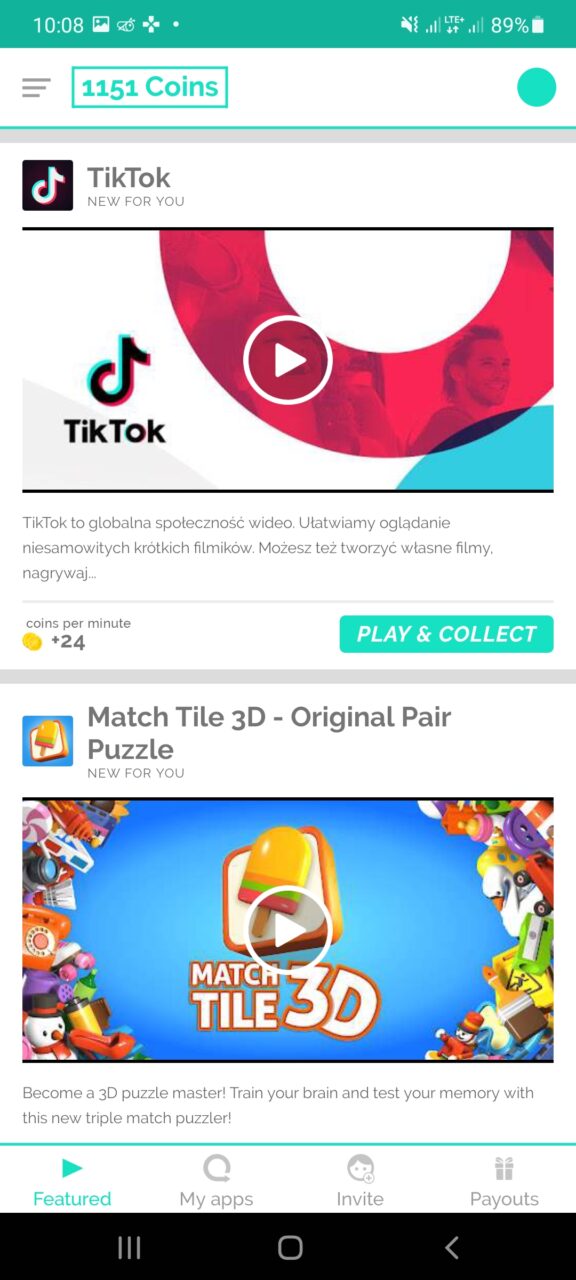 Ekran aplikacji mobilnej z reklamami aplikacji TikTok i Match Tile 3D, wyświetlającymi się na przemian, stan baterii 89%, godzina 10:08 oraz 1151 Coins na ikonie portfela w górnej części ekranu.