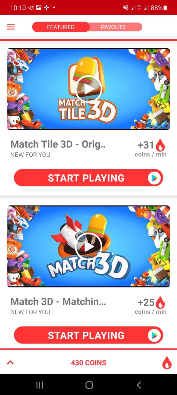 Reklama mobilnej gry "Match Tile 3D" z przyciskiem "START PLAYING", ikonami monet i czasomierzem, na niebieskim tle.