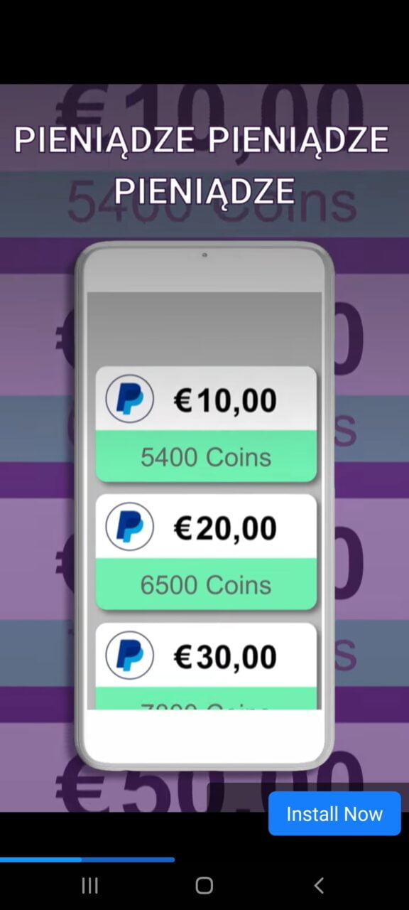 Ekran smartfonu z aplikacją oferującą transakcje monetarne, na tle z napisem "PIENIĄDZE" powtarzanym kilkakrotnie, oraz przyciskiem "Install Now" na dole.