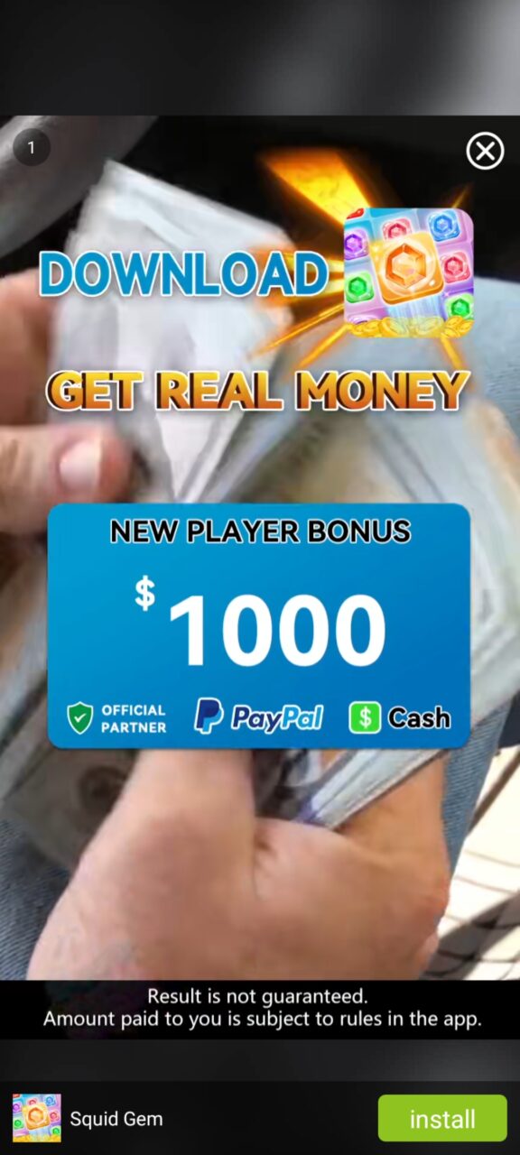 Reklama mobilnej aplikacji z rękami trzymającymi banknoty, tekst o bonusie dla nowego gracza i logo PayPal, oraz przycisk instalacji na dole.