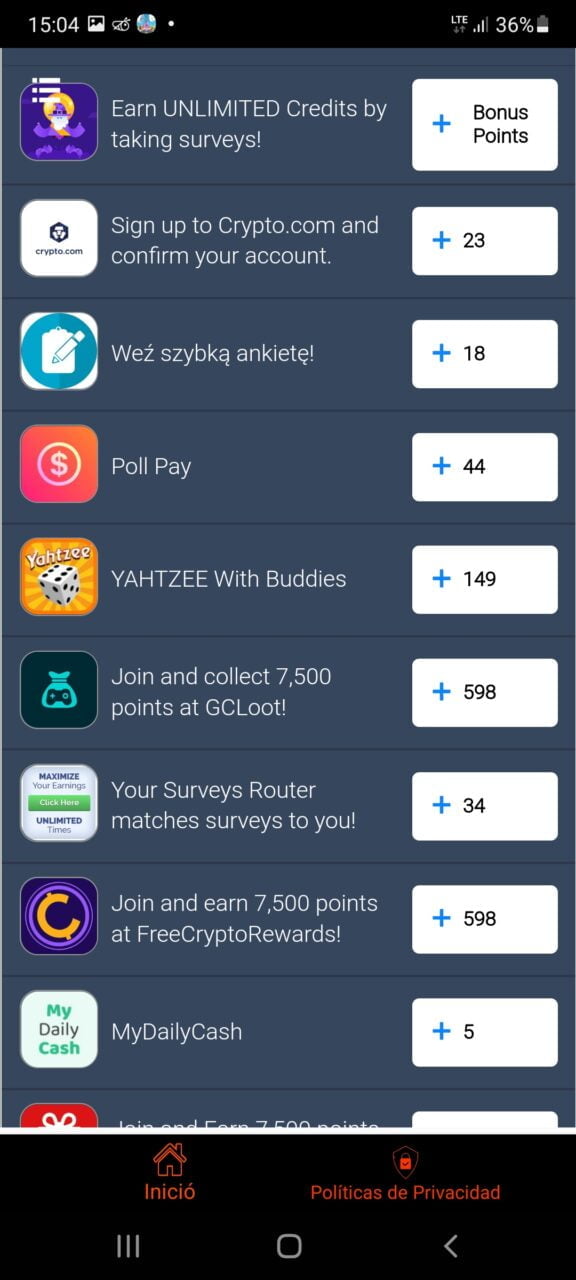 Zrzut ekranu aplikacji mobilnej prezentujący listę zadań pozwalających na zdobycie punktów bonusowych, w tym ankiety i rejestrowanie kont, z oznaczoną liczbą punktów przy każdym zadaniu.