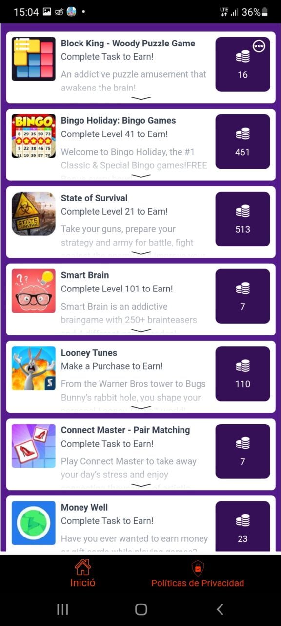 Zrzut ekranu pokazujący listę gier mobilnych z nagrodami w aplikacji, która oferuje monety za wykonanie zadań w grach. Po lewej ikony gier, w środku opisy, a po prawej liczba monet do zdobycia. Na dole interfejs użytkownika z ikoną domu i napisem "Inicio", po prawej "Políticas de Privacidad".