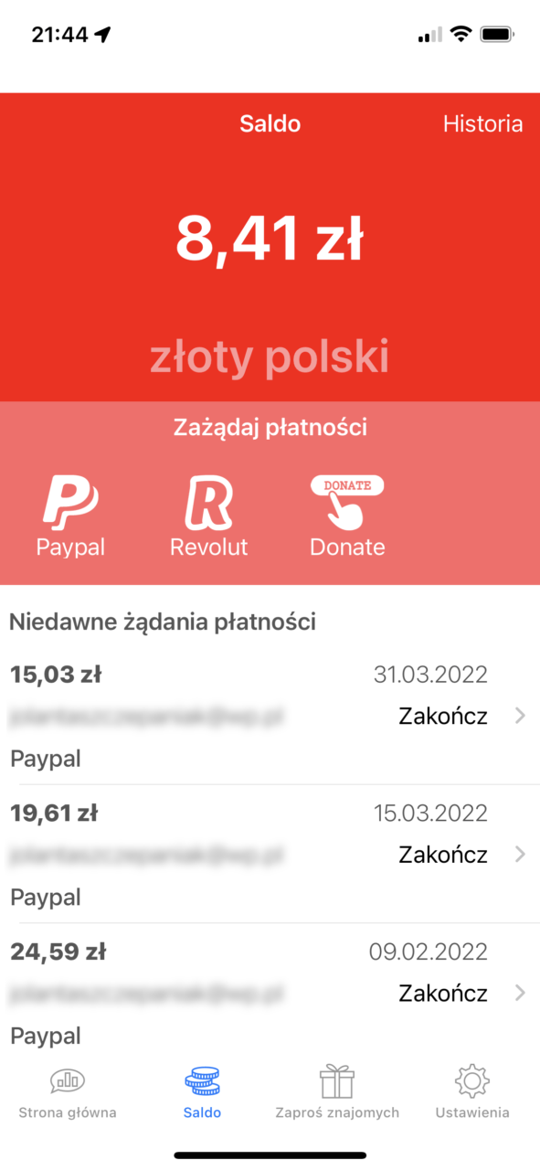 Zrzut ekranu aplikacji atto pool z saldem 8,41 zł, opcjami Paypal, Revolut i Donate oraz listą niedawnych transakcji z datami i kwotami.