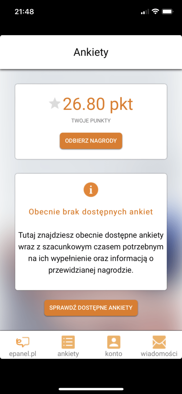 Zrzut ekranu aplikacji z zakładką "Ankiety" pokazujący 26.80 punktów użytkownika oraz komunikat informujący o braku dostępnych ankiet do wypełnienia. Na dole znajdują się przyciski nawigacji: epanel.pl, ankiety, konto, wiadomości.