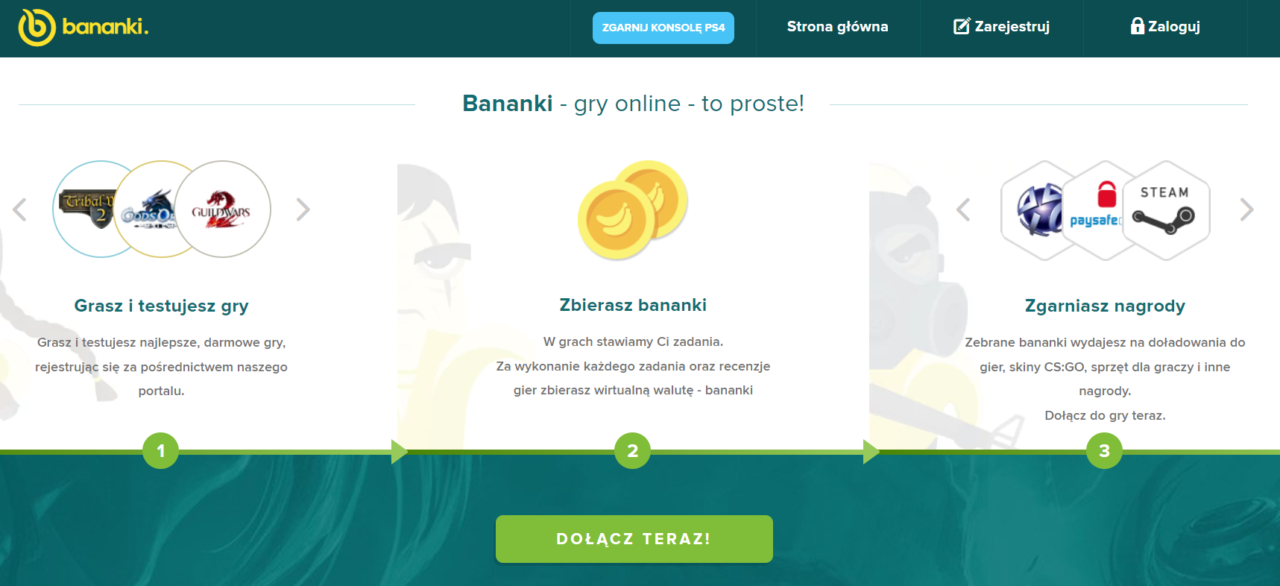 Strona główna portalu Bananki oferująca gry online z trzema sekcjami: "Grasz i testujesz gry", "Zbierasz bananki" i "Zgarniasz nagrody", umieszczonymi w okrągłych ramkach z symbolami gier i środków płatności, przyciskami nawigacyjnymi i zaokrąglonym zielonym tłem.
