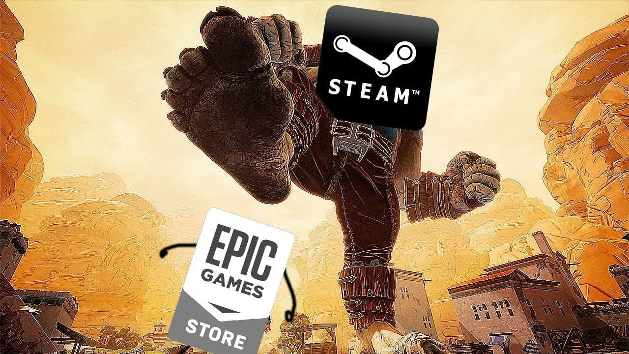 Grafika przedstawia logotyp platformy Steam, który gniecie stopą logotyp firmy Epic Games.