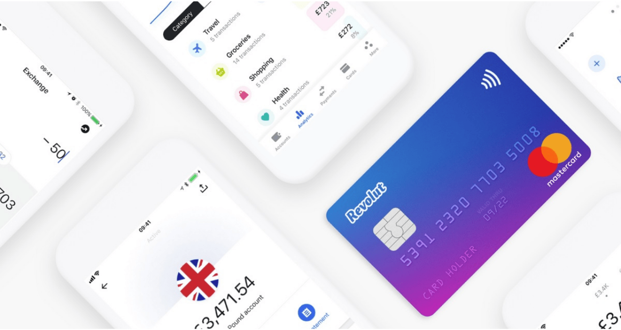 Wyświetlacz smartfona pokazujący aplikację bankową z transakcjami i karta płatnicza Revolut obok, z logo Mastercard.