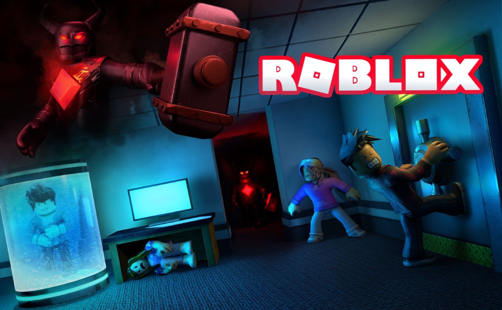 Grafika przedstawiająca kadr z gry Roblox. Na grafice znajduje się duży napis "Roblox".