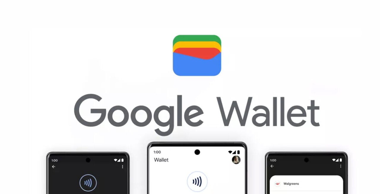 Trzy smartfony pokazujące interfejs aplikacji Google Wallet z logo aplikacji powyżej i napisem "Google Wallet" pod spodem.