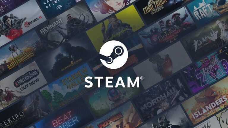 Kolaż okładek popularnych gier wideo z logo platformy Steam na środku.