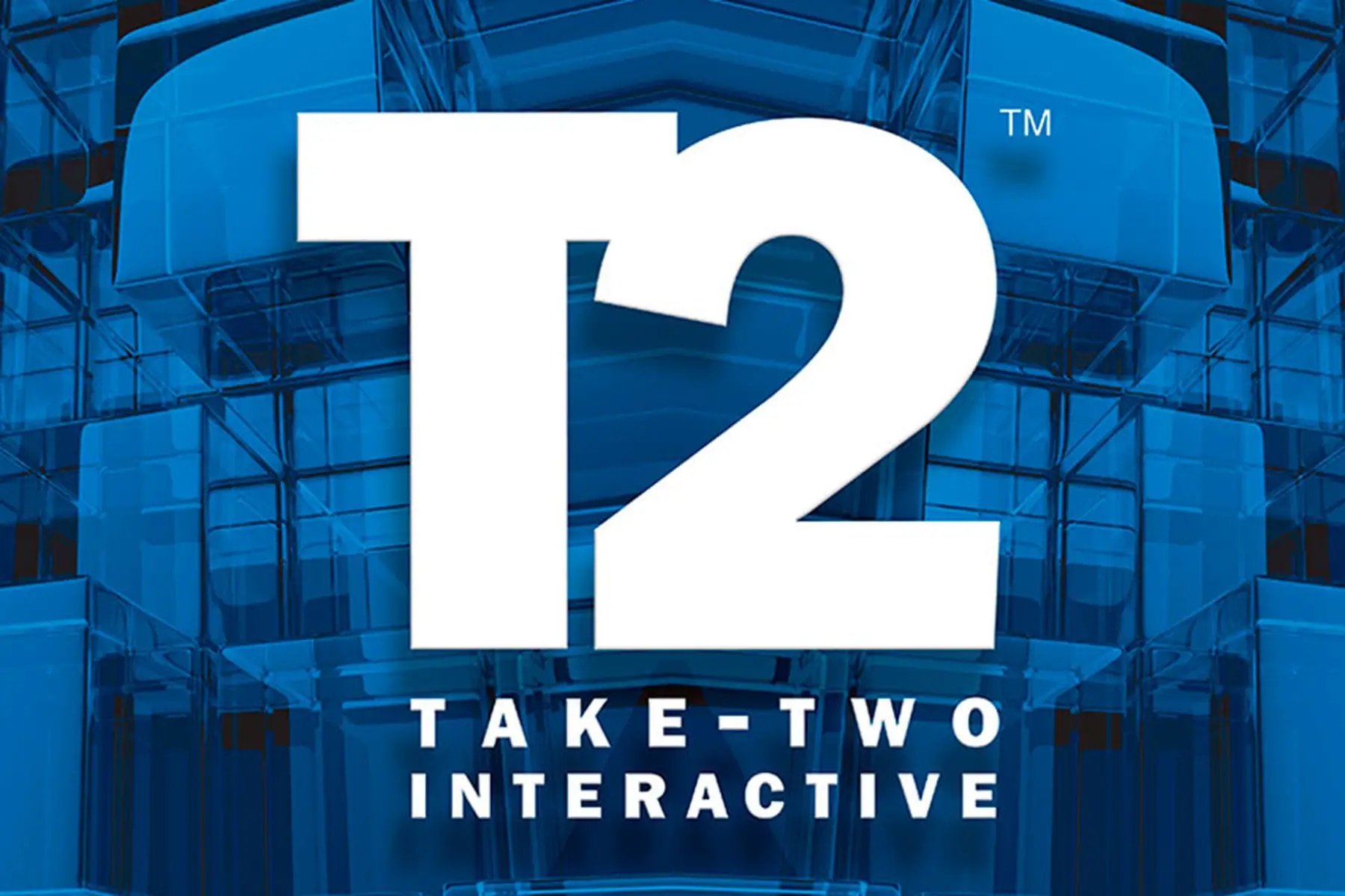 Logo firmy Take-Two Interactive z dużymi literami "T2" na niebieskim tle z kształtami przypominającymi szklane bloki.