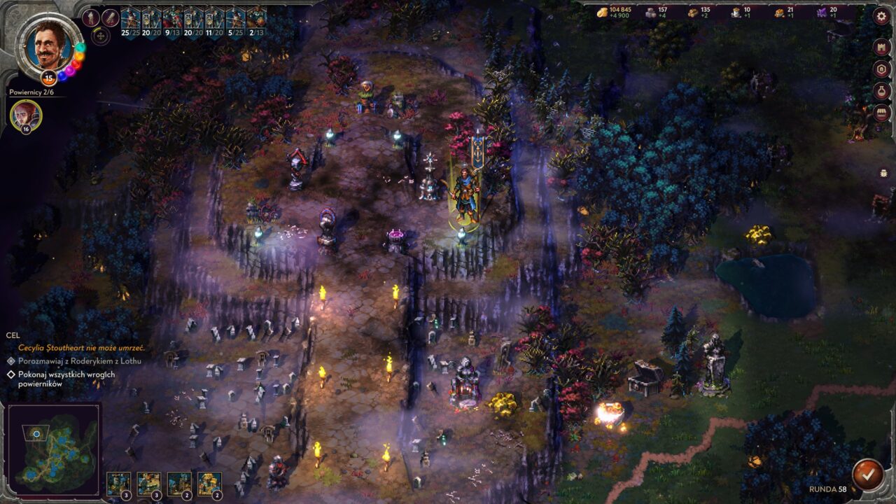 Krajobraz w grze strategicznej inspirowanej Heroes 3 z magicznymi postaciami, mapą w lewym dolnym rogu i ikonami w górnym panelu.