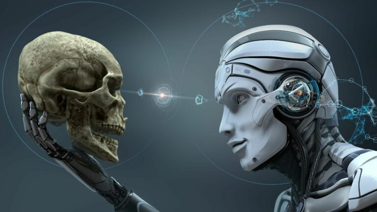 Przedstawienie cyfrowego obrazu przedstawiającego czaszkę człowieka naprzeciwko realistycznie wyglądającego robota z kobiecymi rysami, z połączeniem wizualnym symbolizującym wymianę informacji.