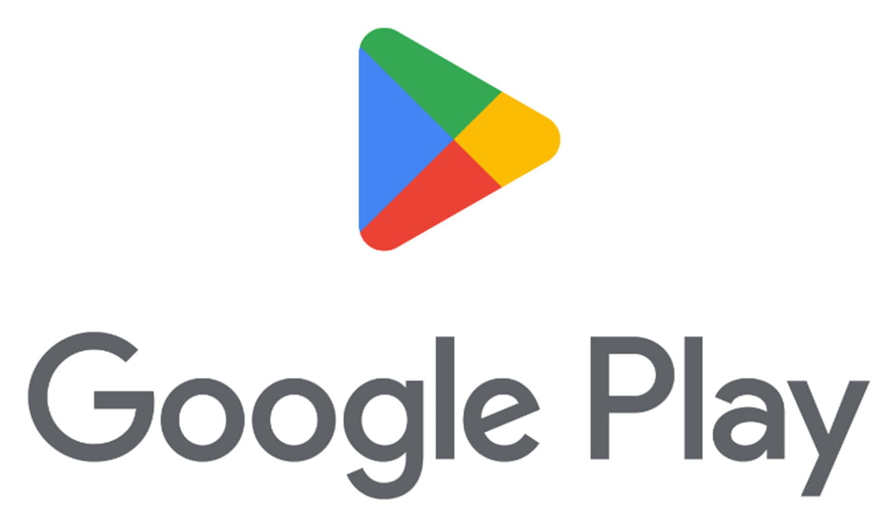 Logo Google Play Store składające się z trójkąta z kolorami niebieskim, czerwonym, zielonym i żółtym obok słów "Google Play" w szarym kolorze.